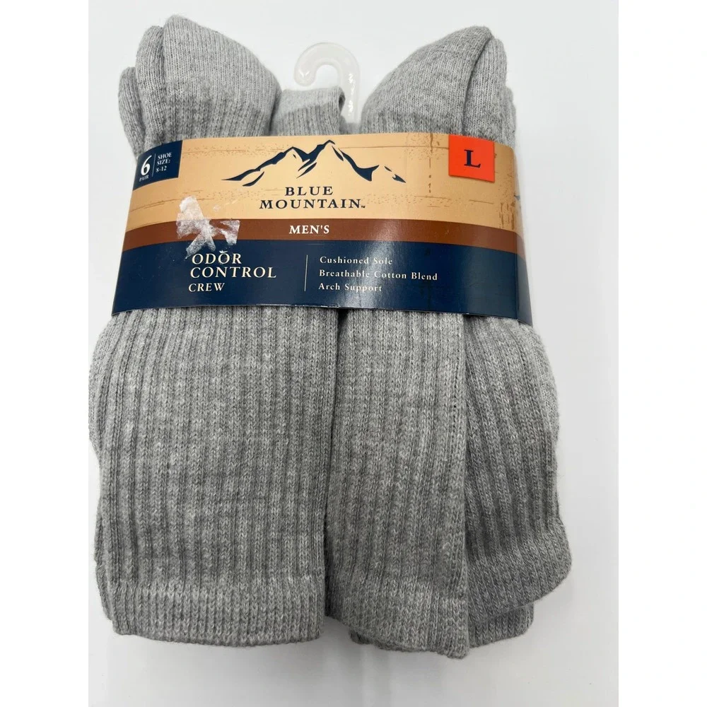 Blue Mountain Mens Odor Control Crew Socks 6 Pair Pack Grey Large Shoe Size 8-12